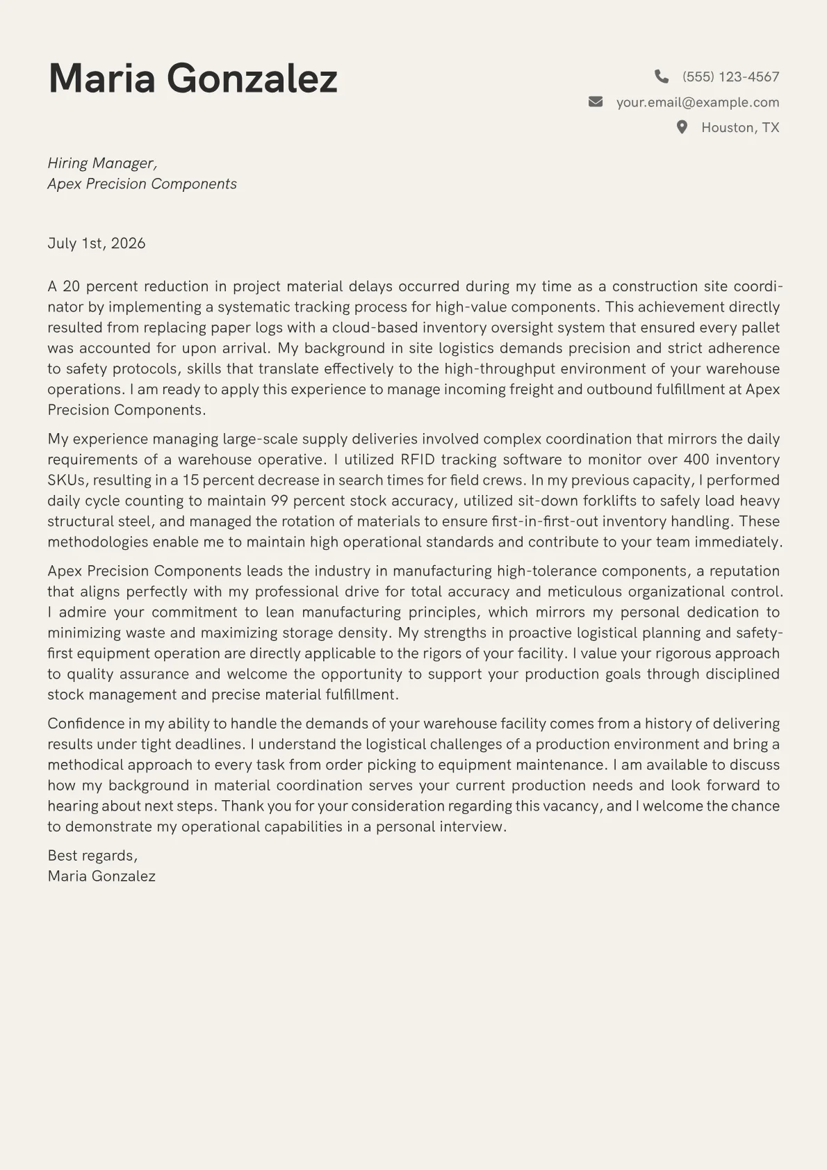 Warehouse Operative cover letter in the Creative design