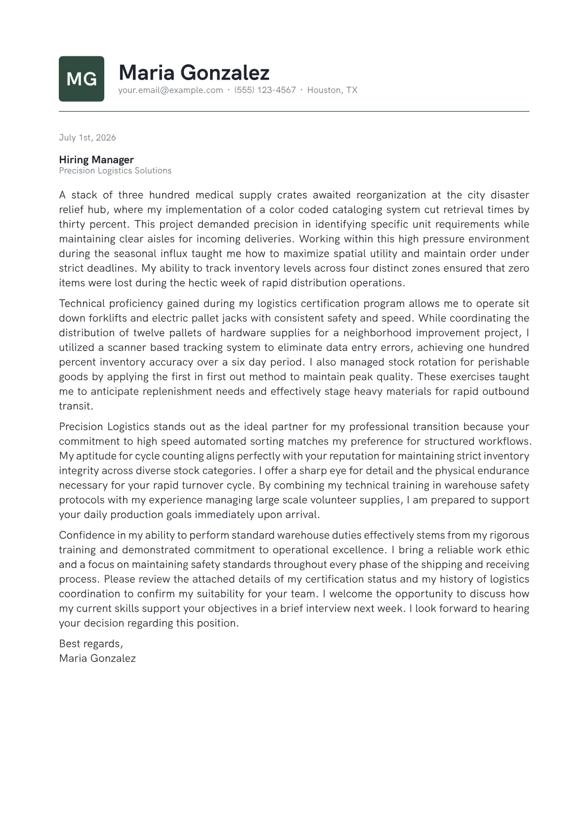 Warehouse Operative cover letter in the Emblem design