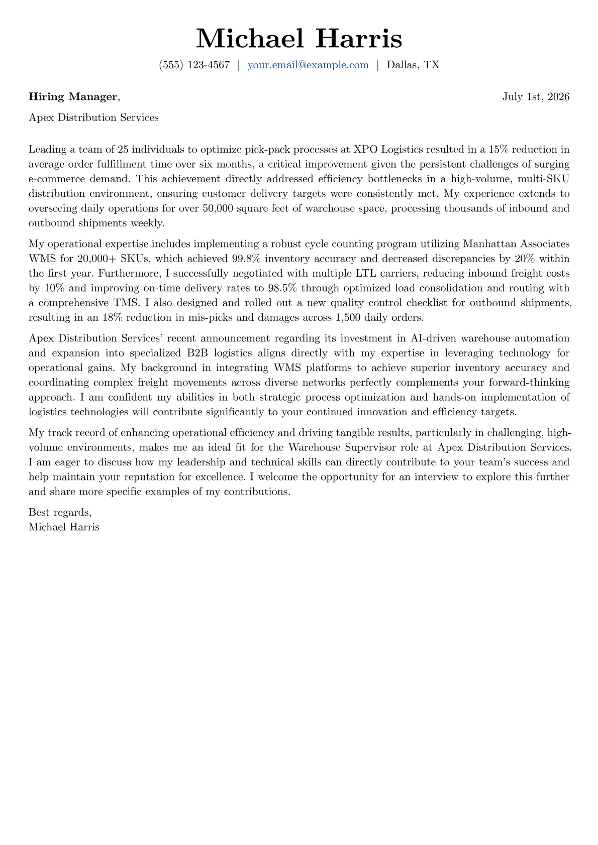 Warehouse Supervisor cover letter formatted with a JobSprout template