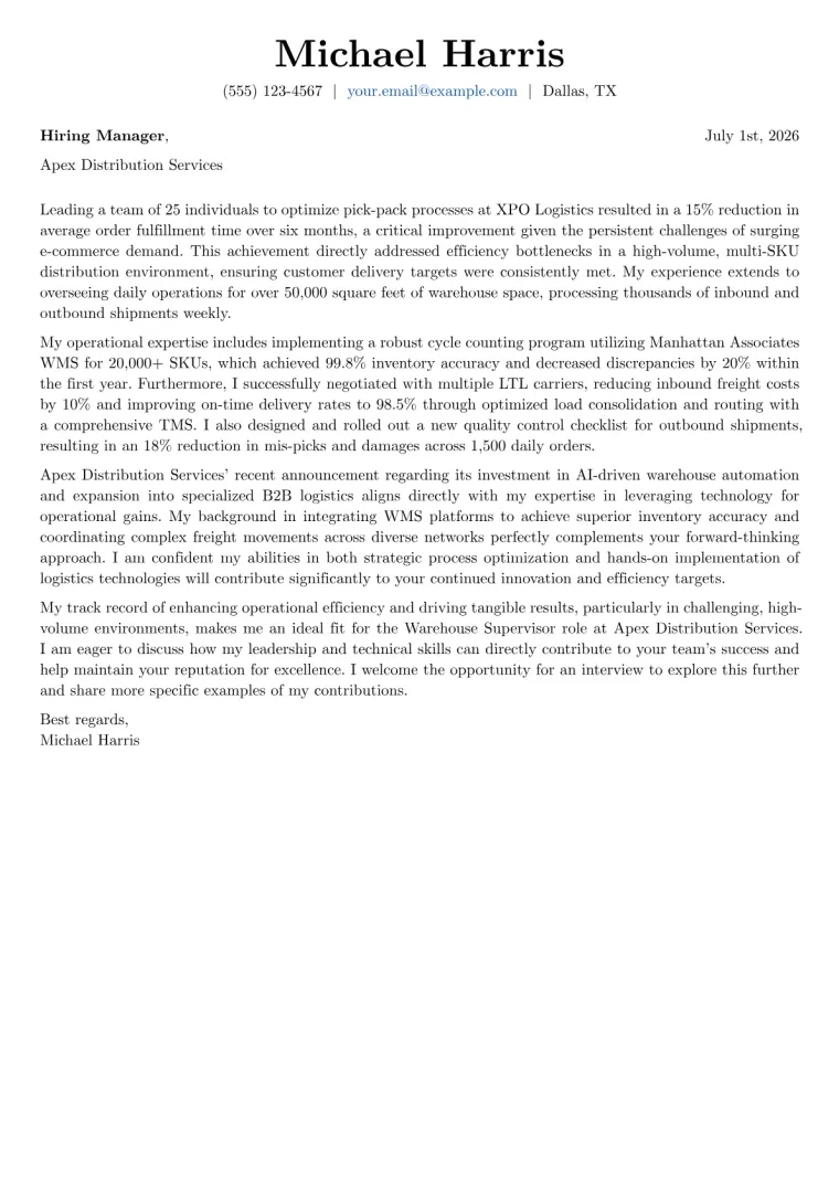 Warehouse Supervisor Cover Letter Example