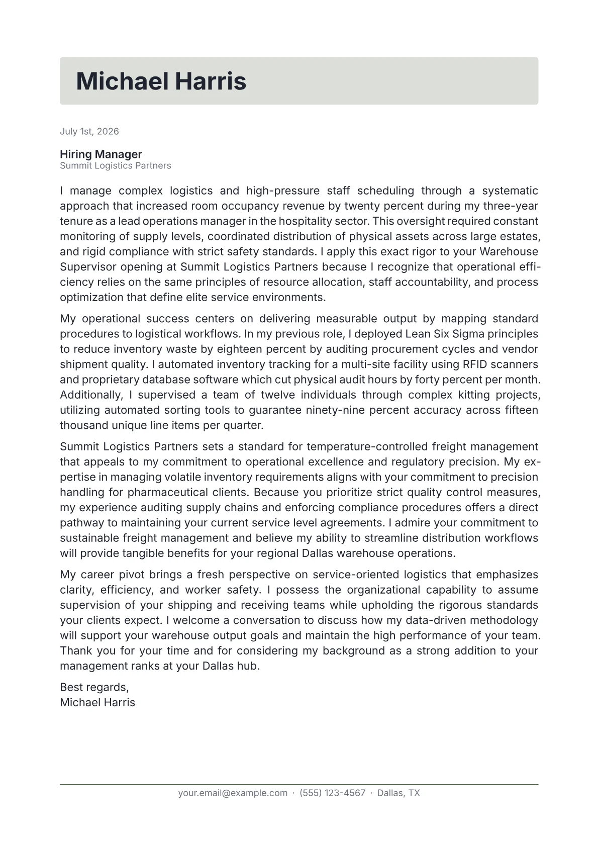 Warehouse Supervisor cover letter in the Letterhead design