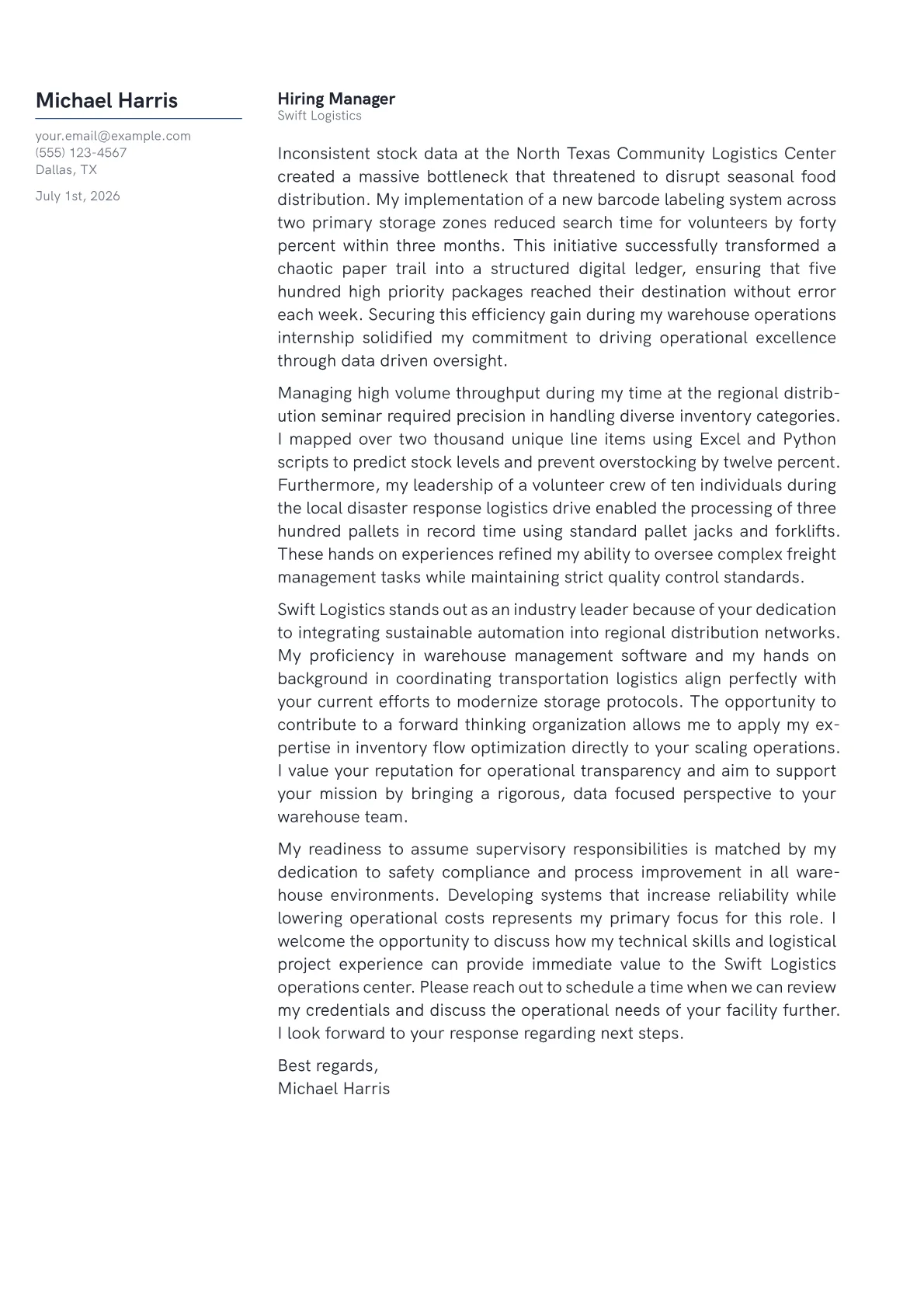 Warehouse Supervisor cover letter in the Margin design