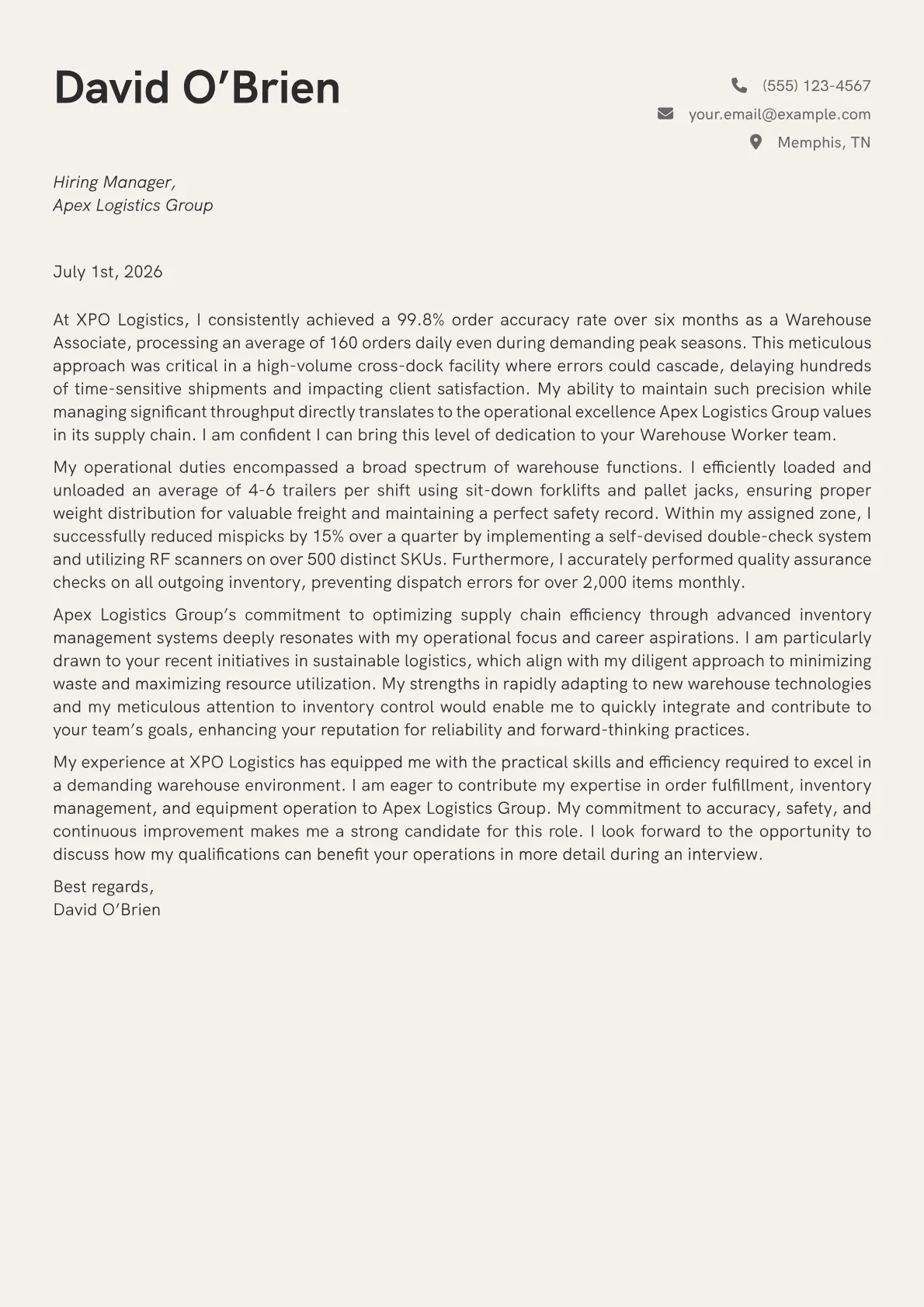 Warehouse Worker cover letter formatted with a JobSprout template