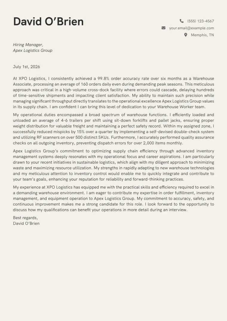 Warehouse Worker Cover Letter Example