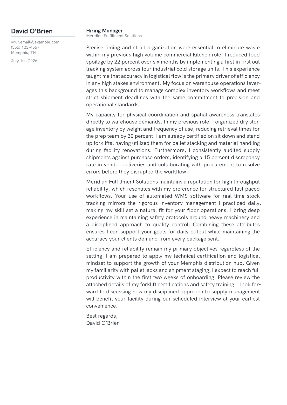 Warehouse Worker cover letter in the Margin design