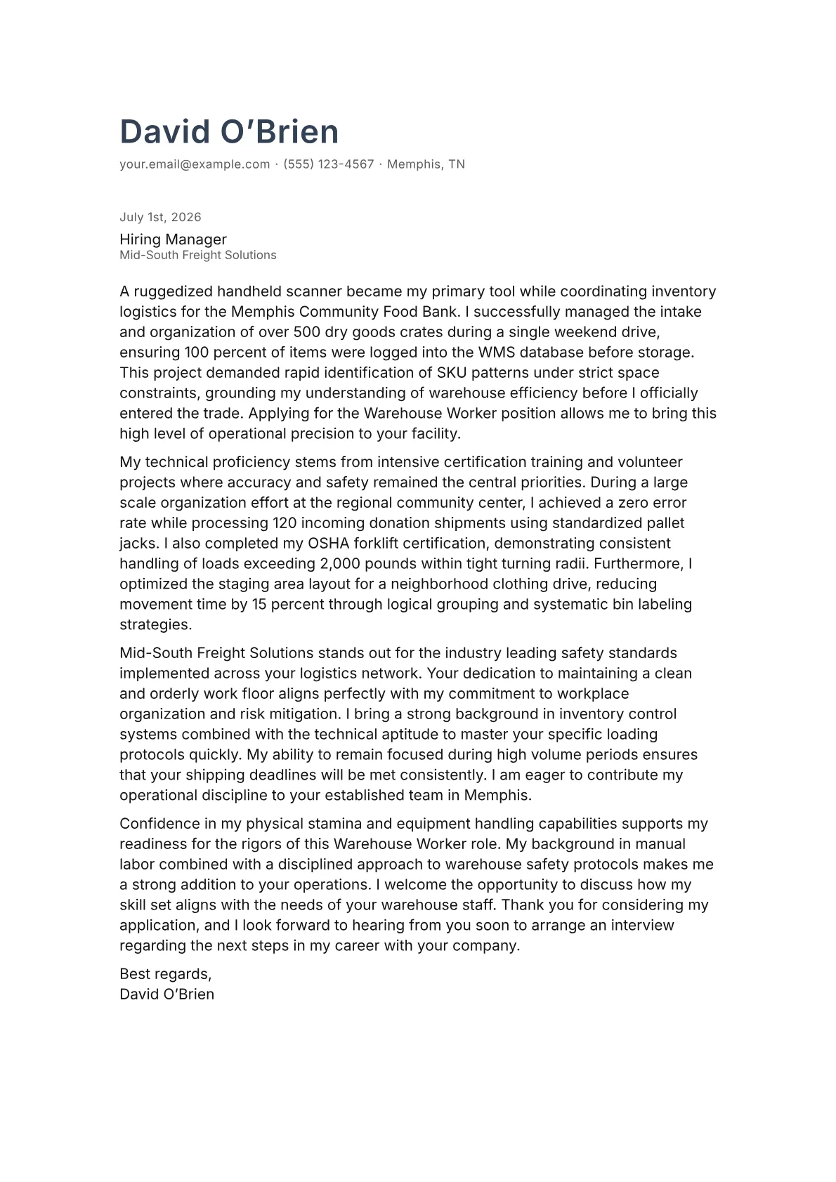 Warehouse Worker cover letter in the Minimal design