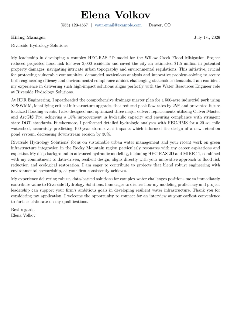 Water Resources Engineer cover letter example preview