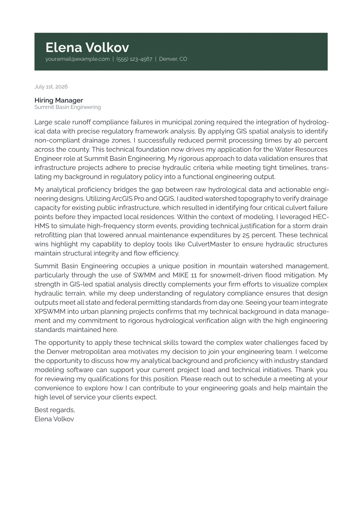 Water Resources Engineer cover letter in the Banner design