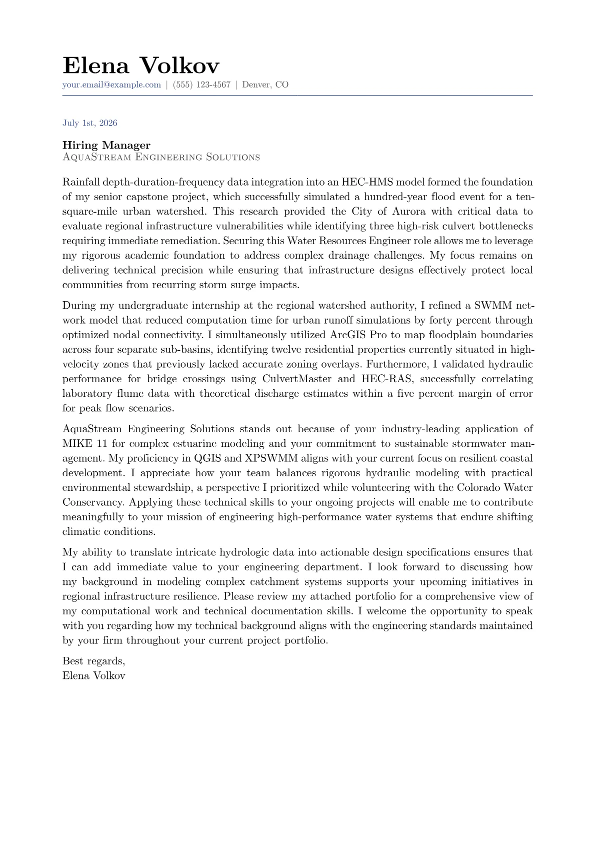 Water Resources Engineer cover letter in the Classic design