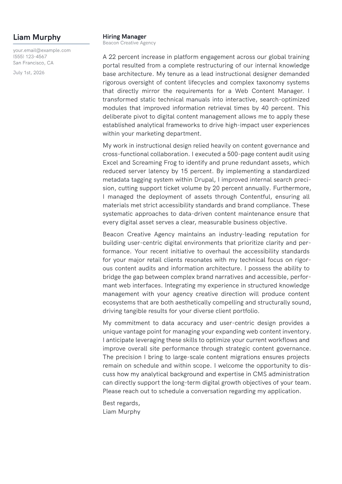 Web Content Manager cover letter in the Margin design