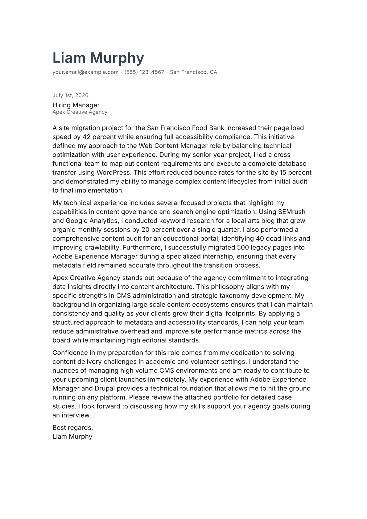Web Content Manager cover letter in the Minimal design