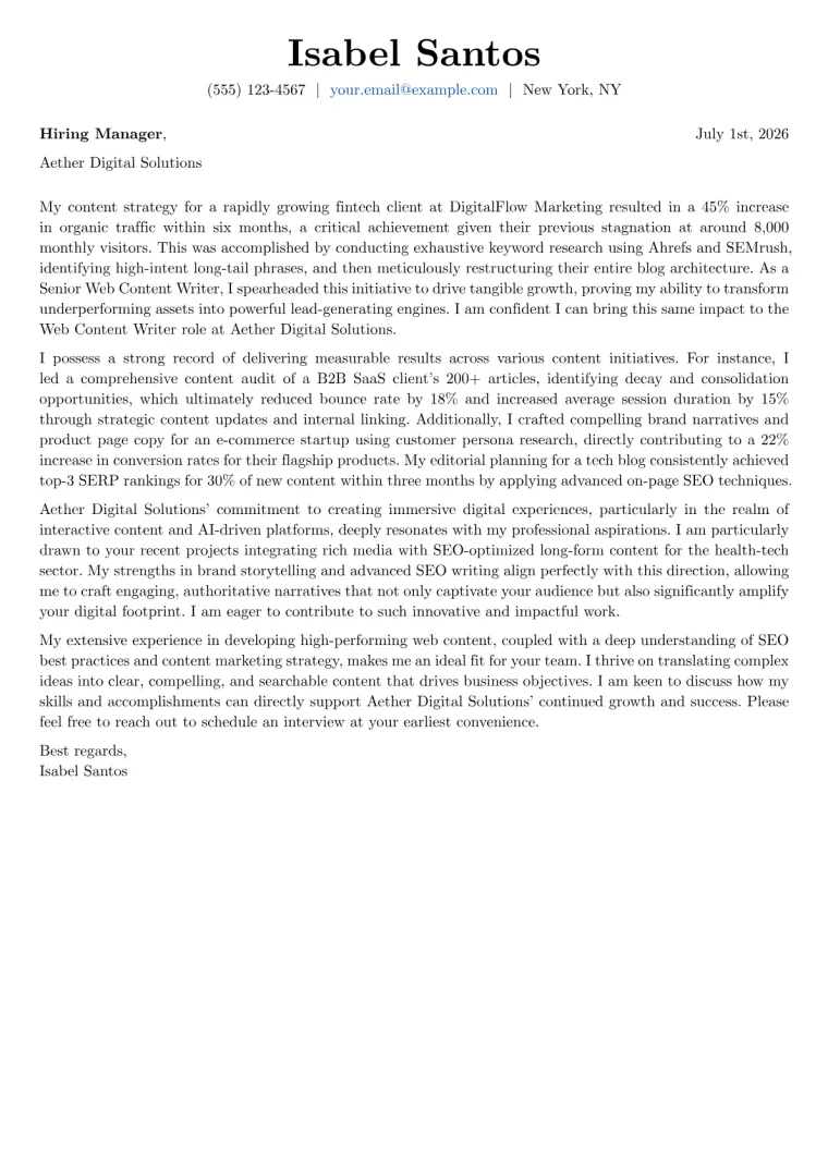 Web Content Writer Cover Letter Example