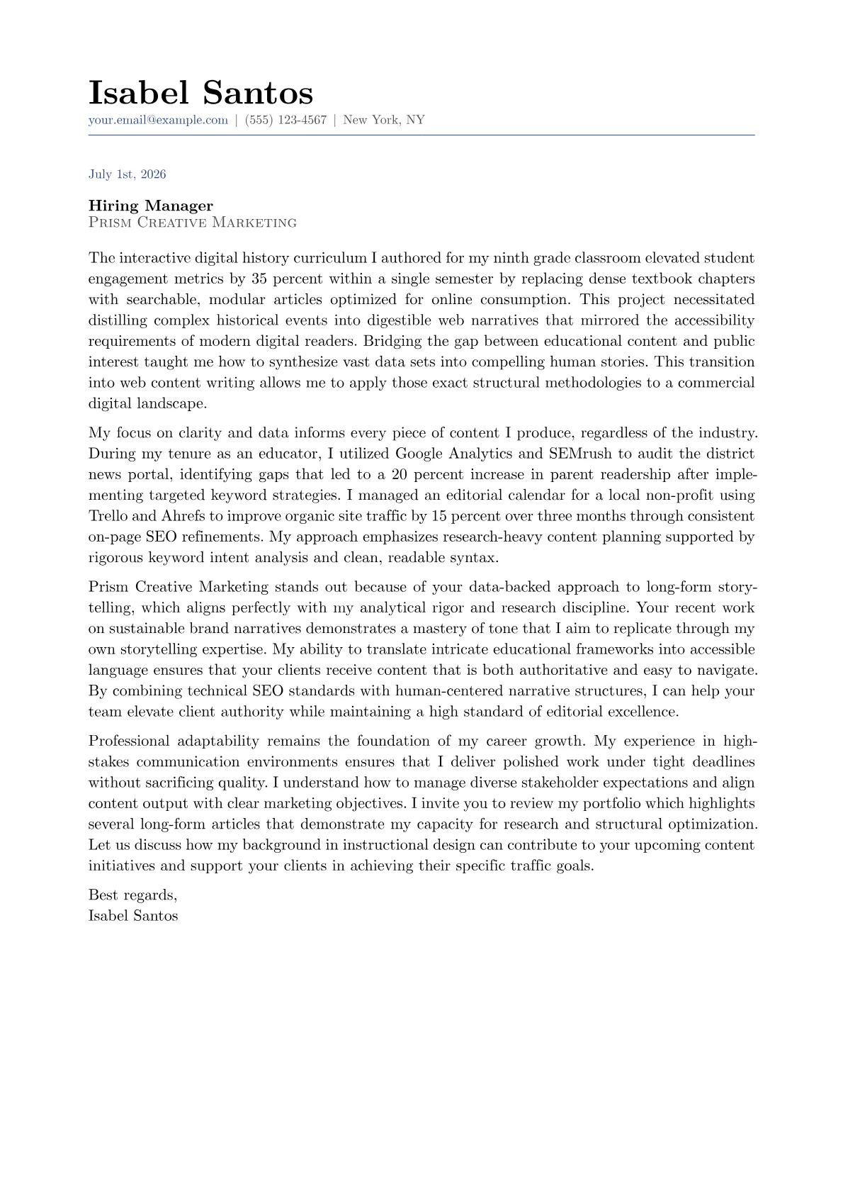 Web Content Writer cover letter in the Classic design