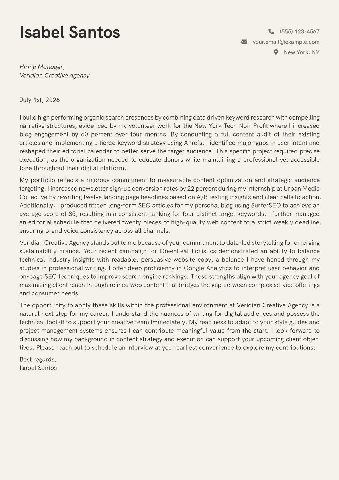 Web Content Writer cover letter in the Creative design