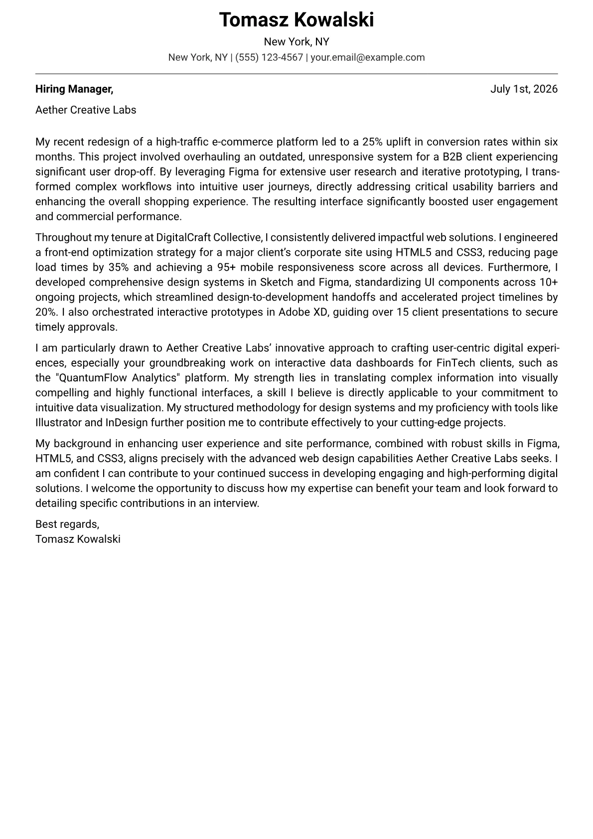 Web Designer cover letter formatted with a JobSprout template