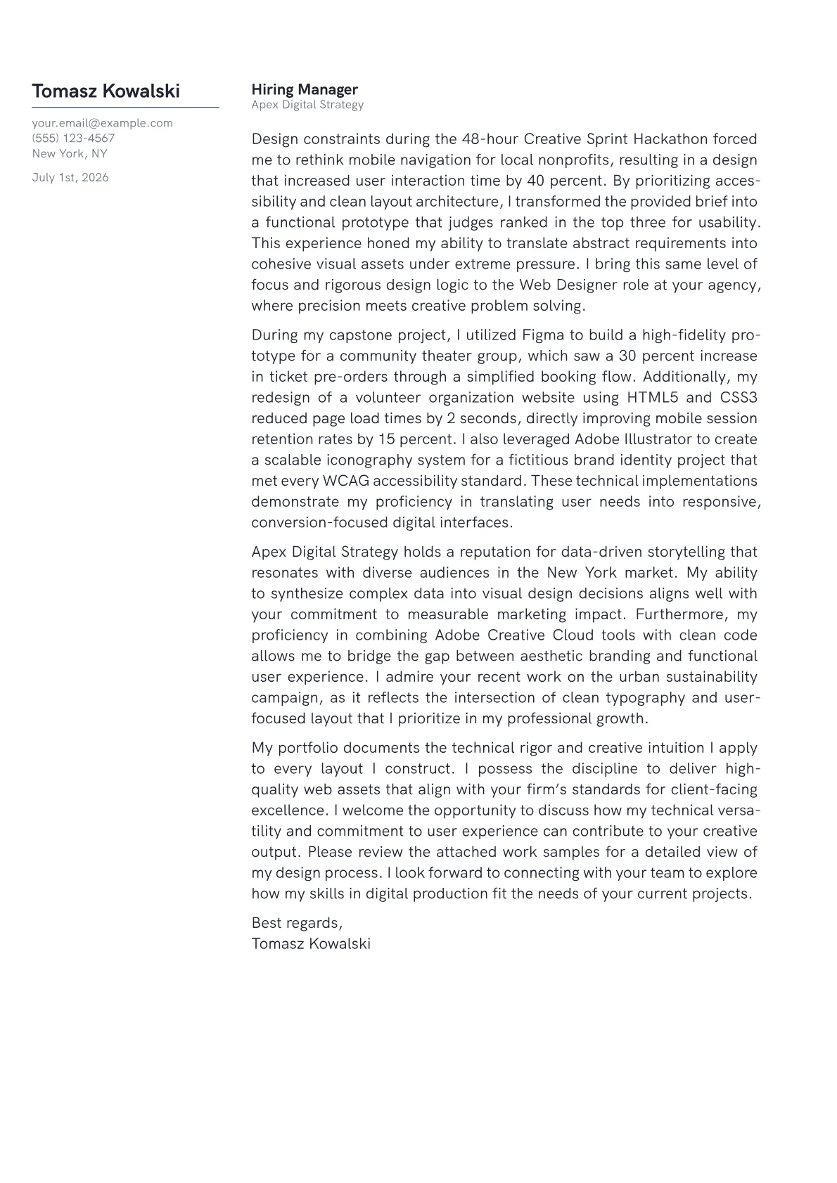 Web Designer cover letter in the Margin design