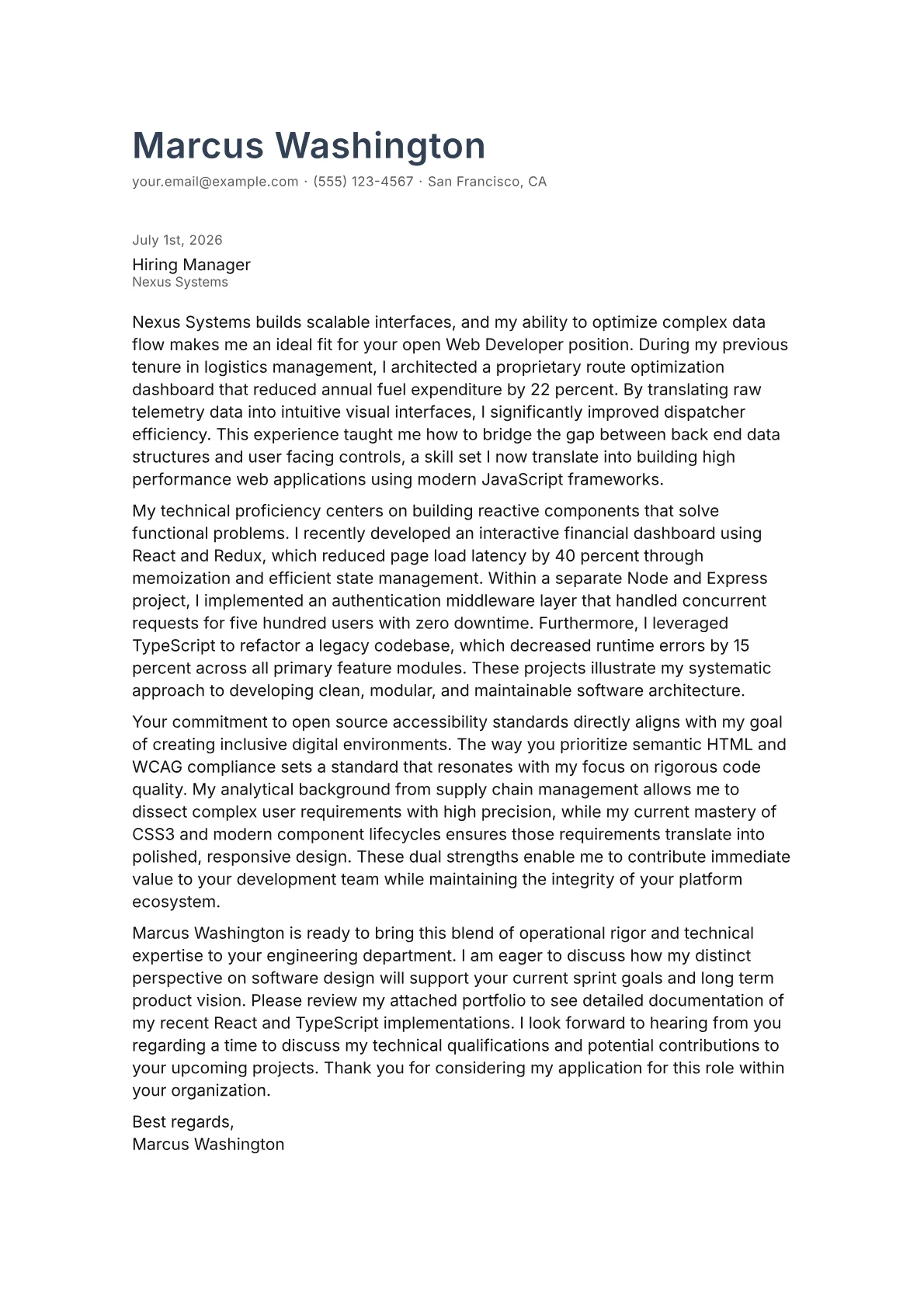 Web Developer cover letter in the Minimal design