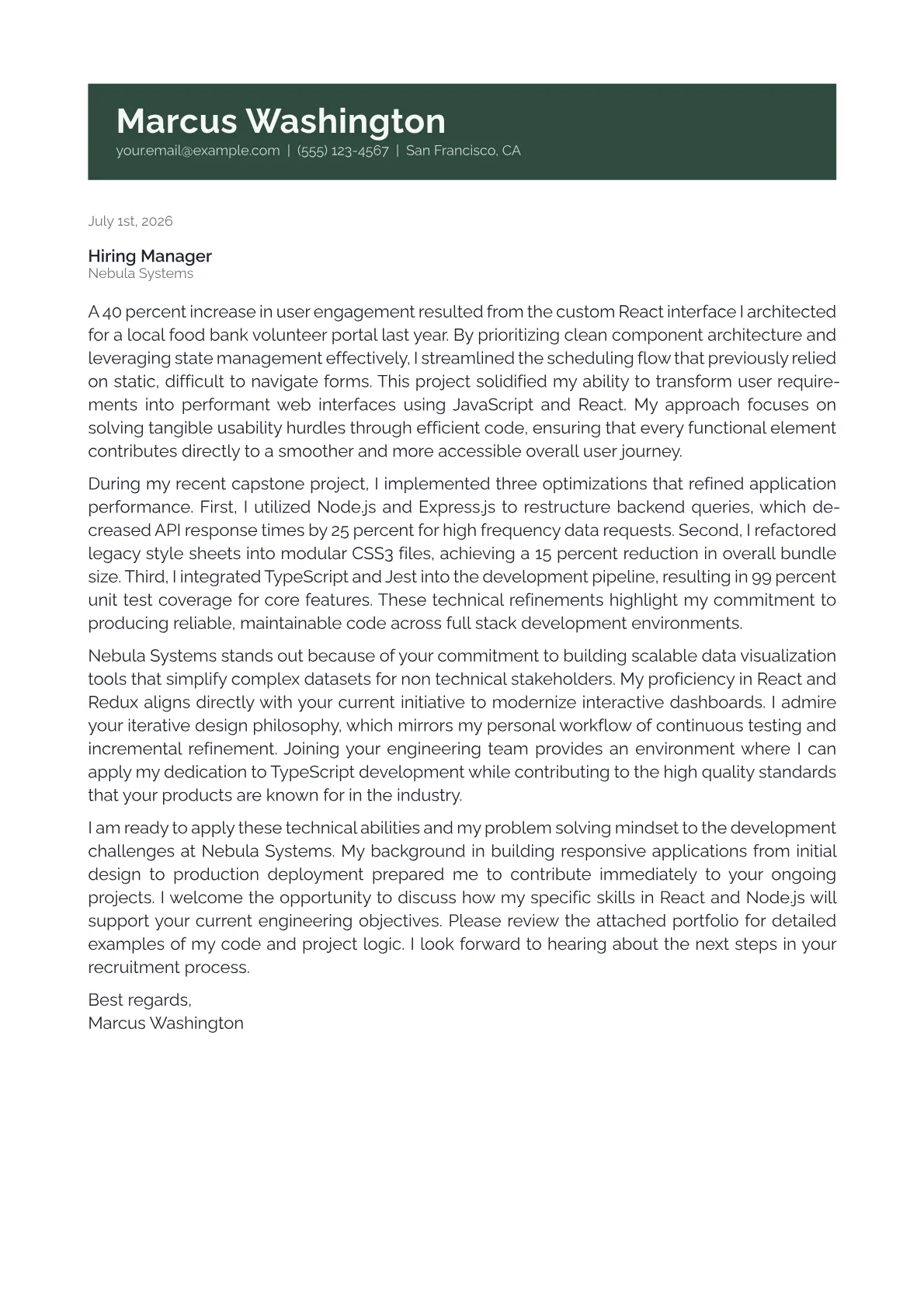 Web Developer cover letter in the Banner design