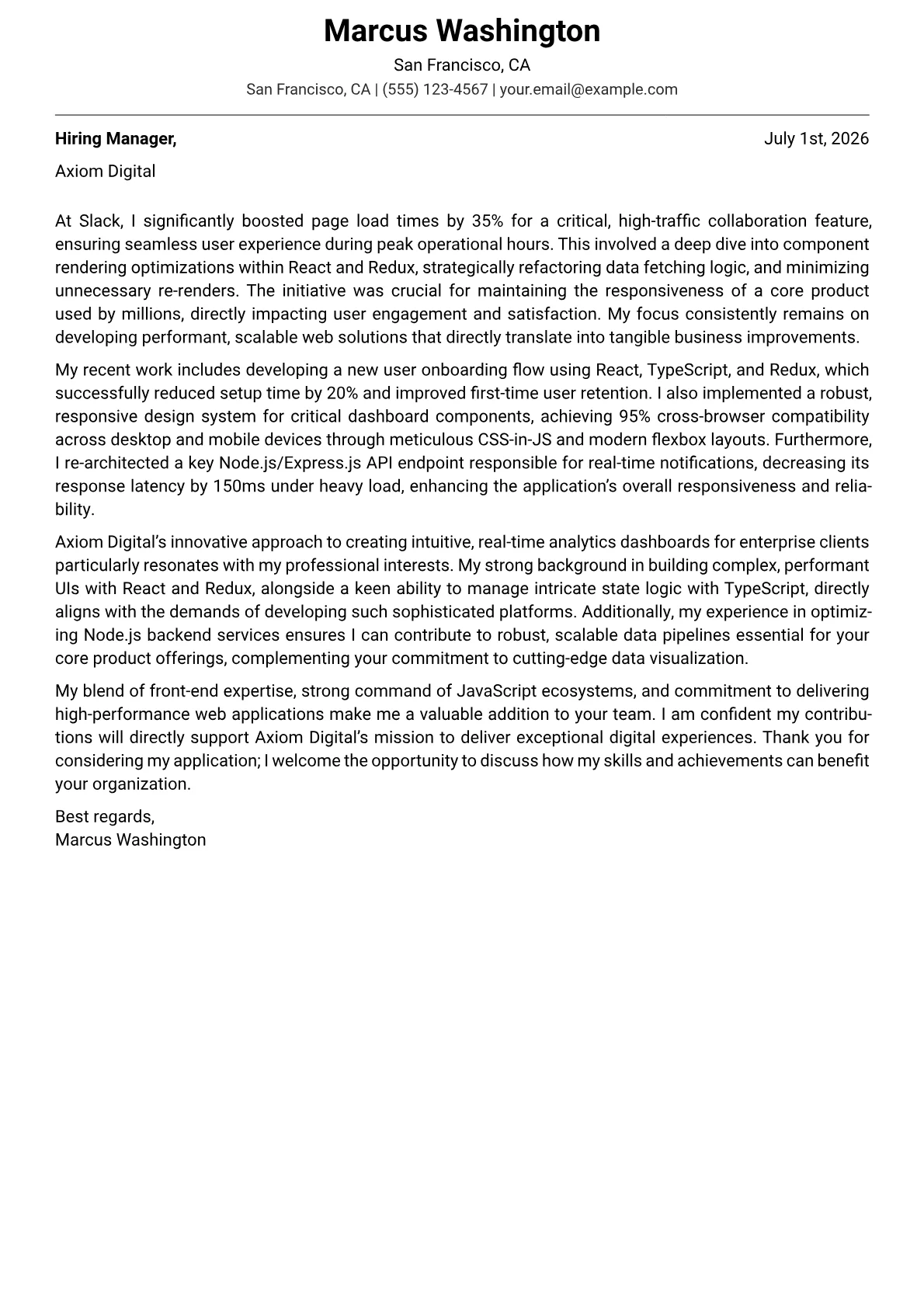 Web Developer cover letter formatted with a JobSprout template