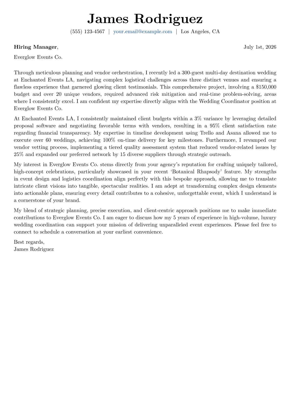 Wedding Coordinator cover letter formatted with a JobSprout template