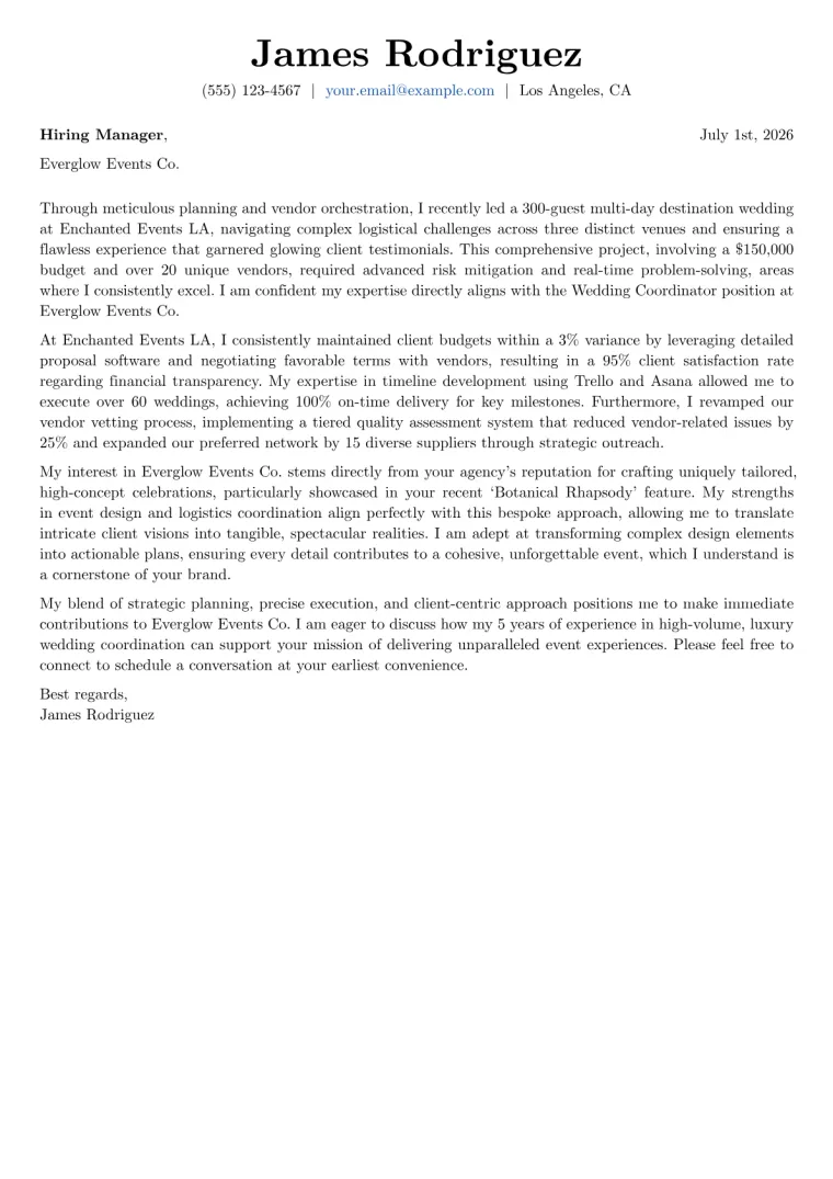 Wedding Coordinator Cover Letter Example