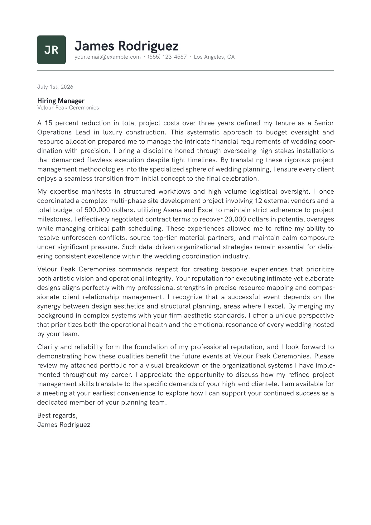 Wedding Coordinator cover letter in the Emblem design