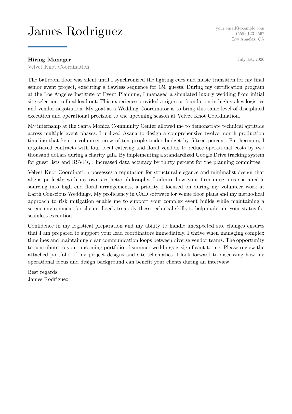 Wedding Coordinator cover letter in the Executive design