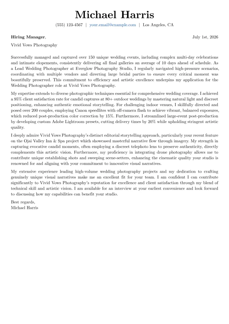 Wedding Photographer Cover Letter Example
