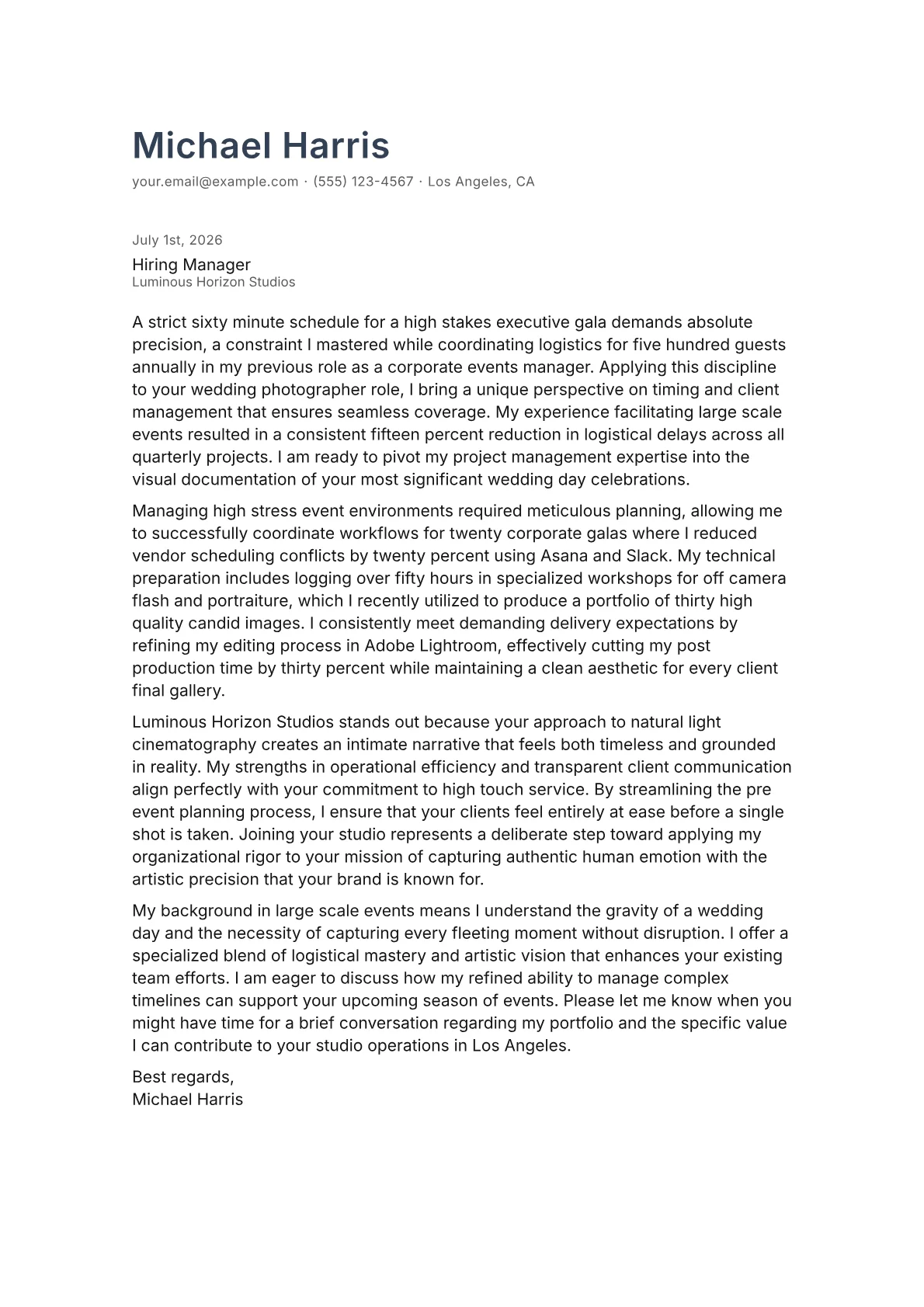 Wedding Photographer cover letter in the Minimal design
