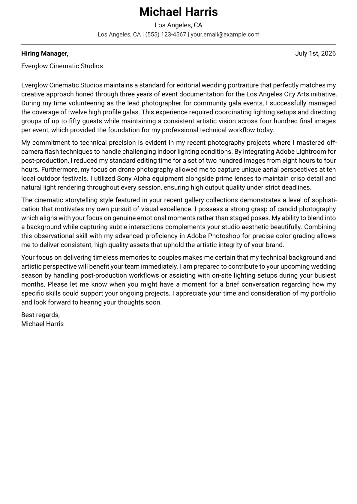 Wedding Photographer cover letter in the Modern design