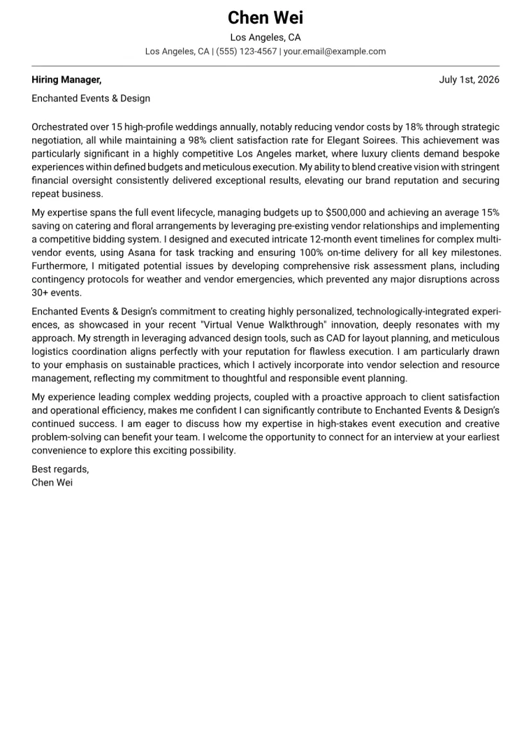 Wedding Planner cover letter example preview