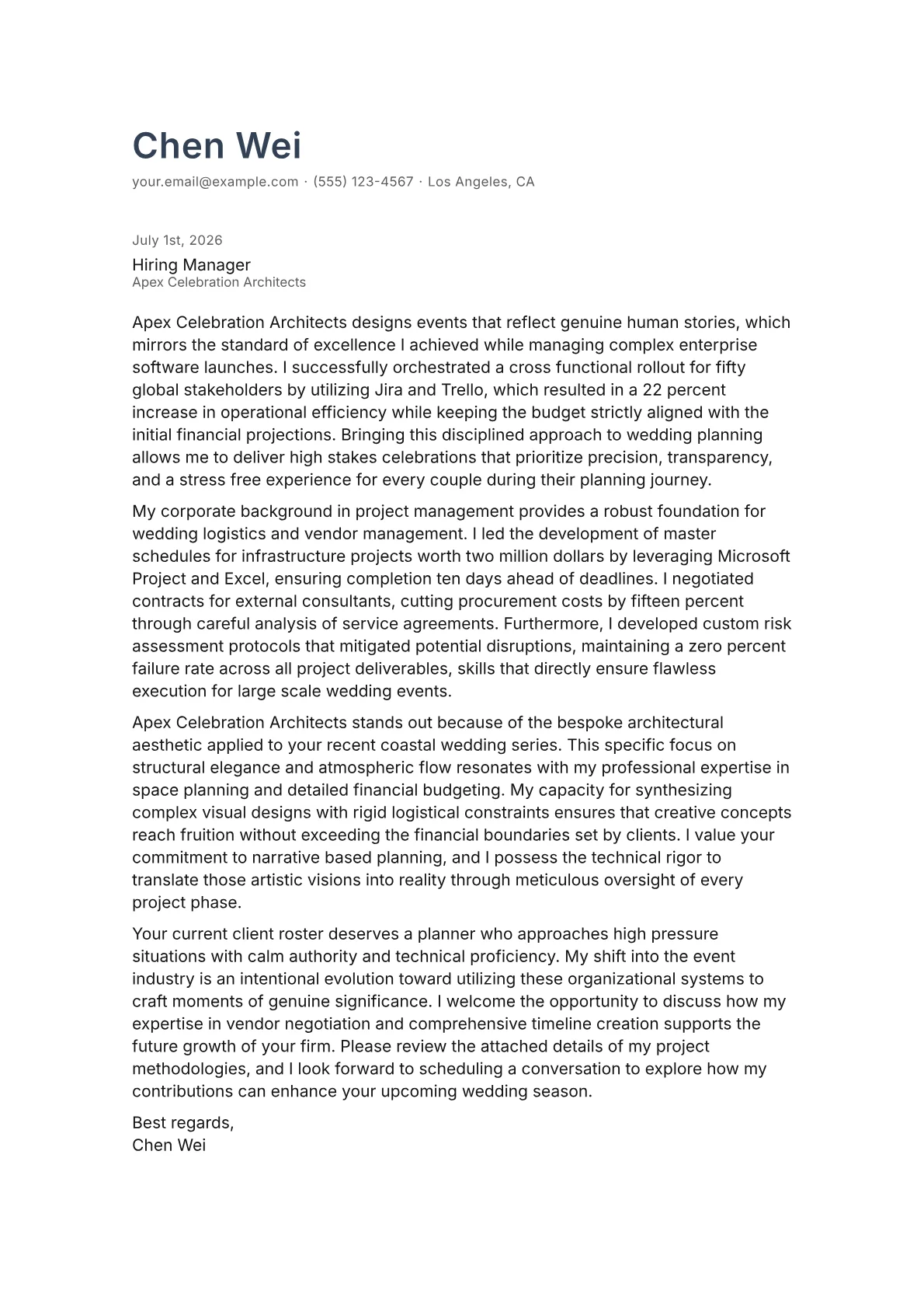 Wedding Planner cover letter in the Minimal design