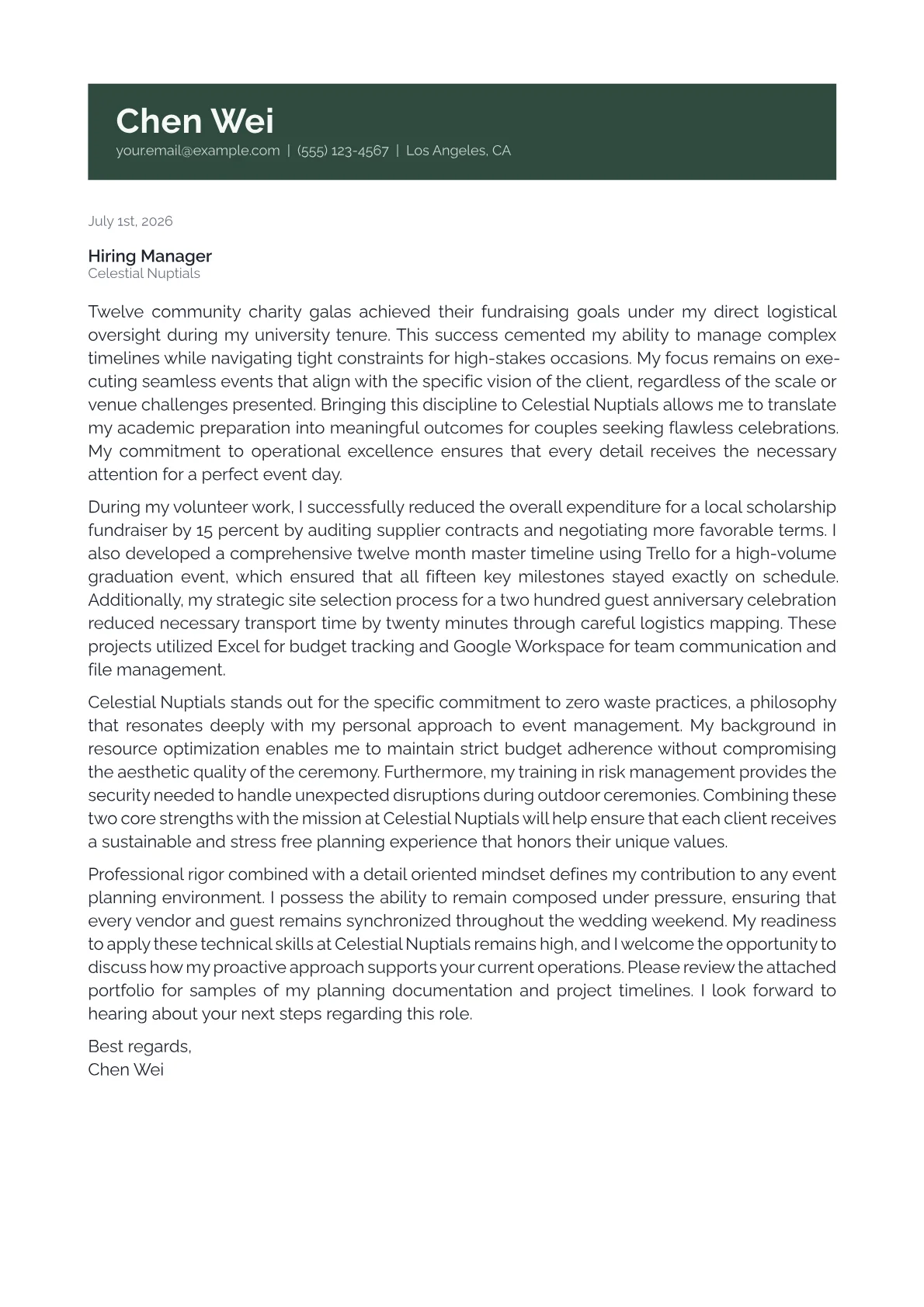 Wedding Planner cover letter in the Banner design