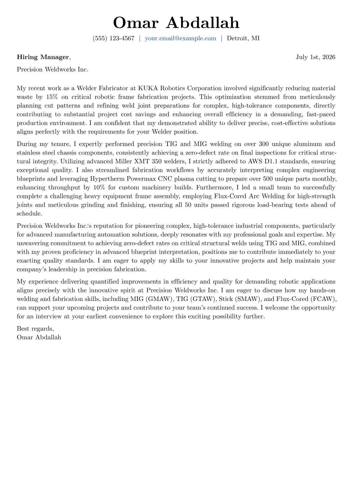 Welder cover letter formatted with a JobSprout template