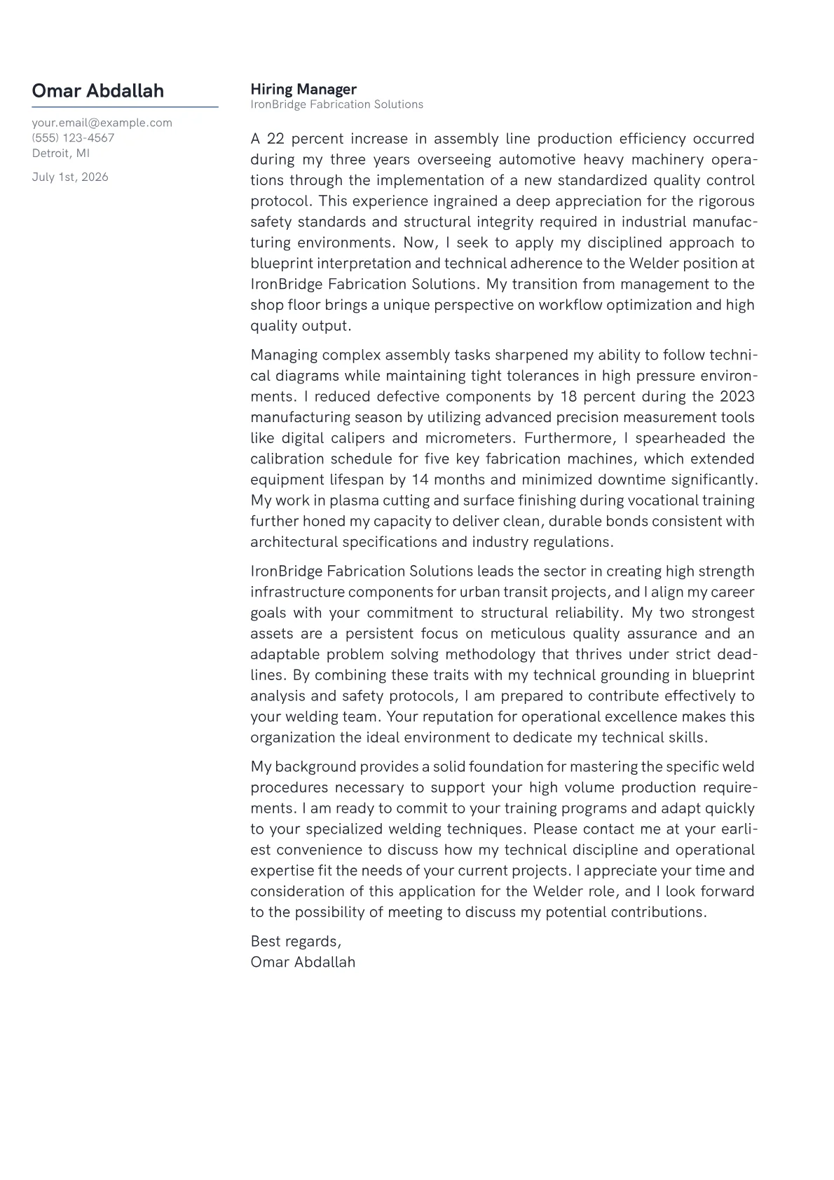 Welder cover letter in the Margin design