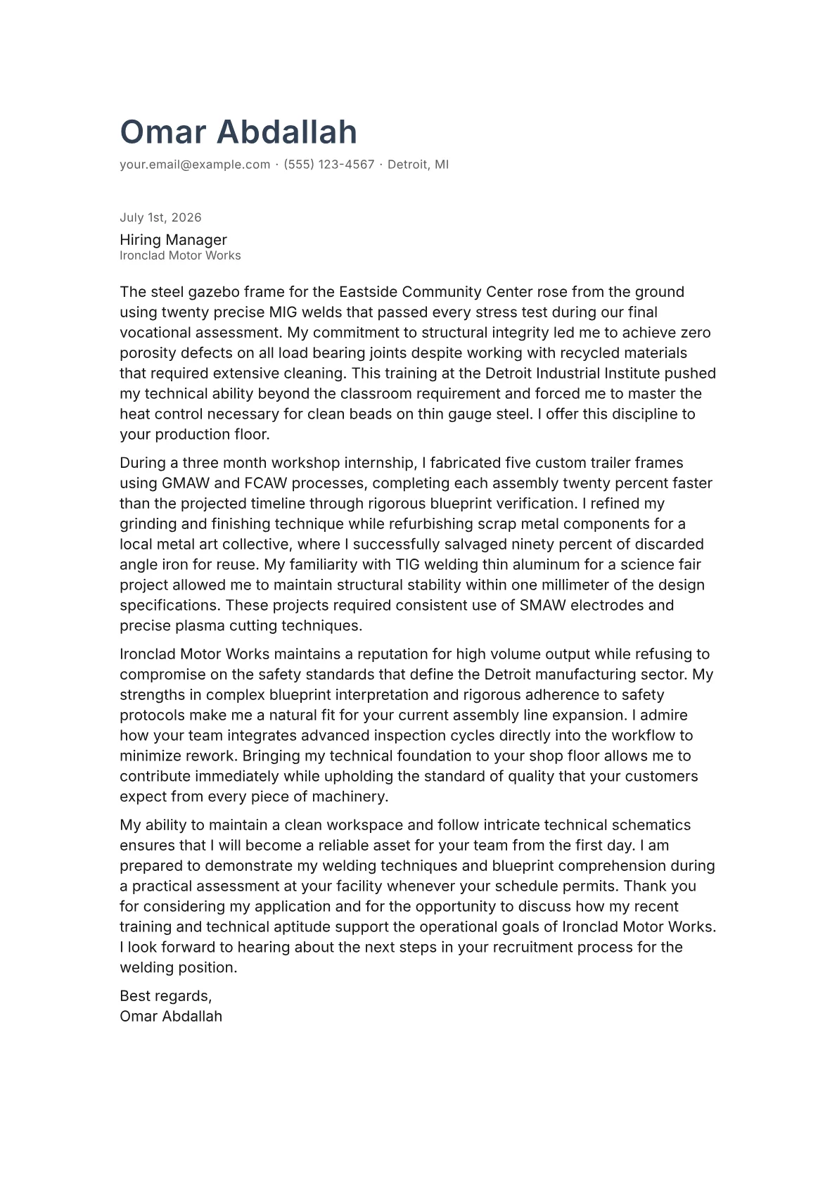 Welder cover letter in the Minimal design