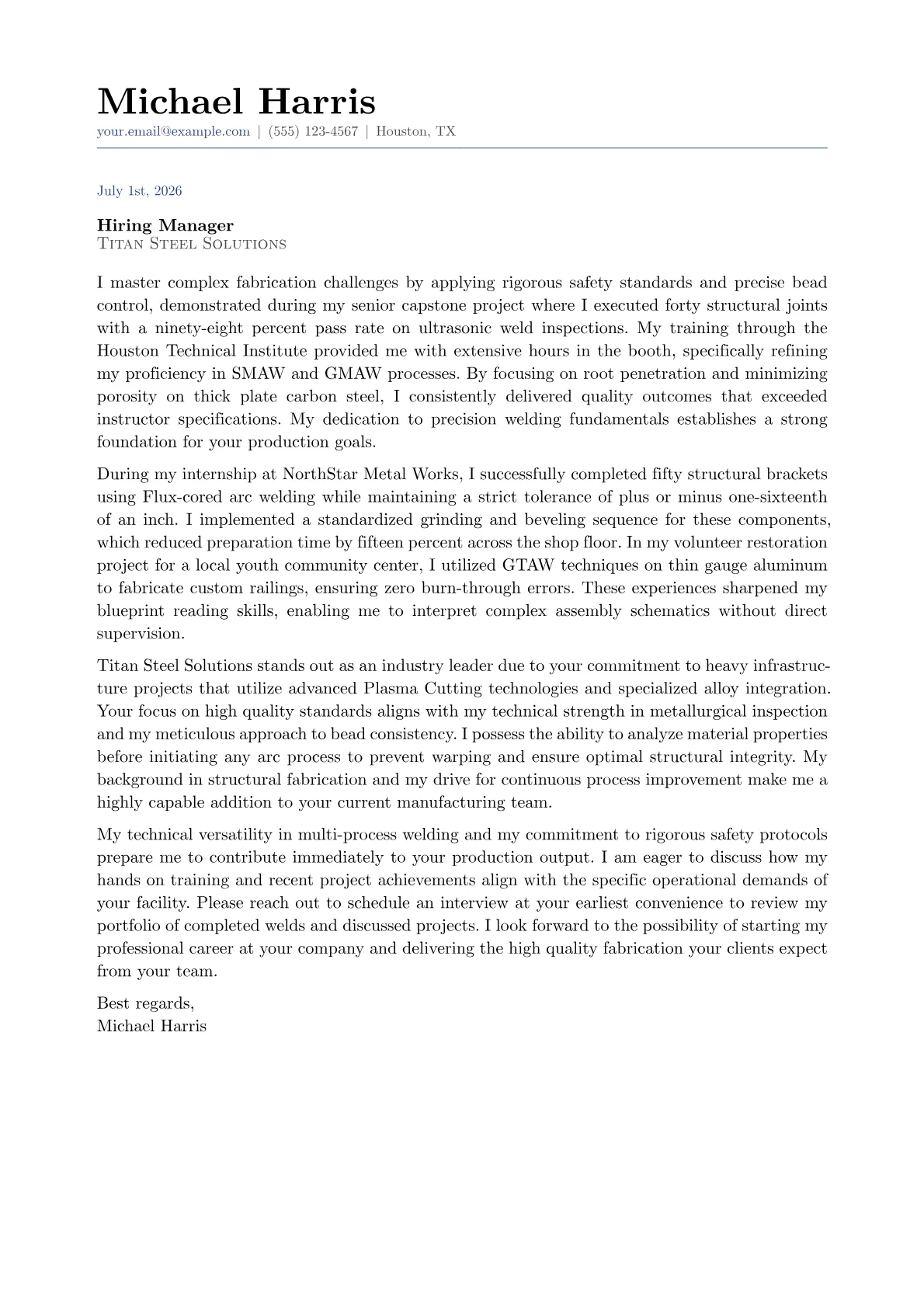 Welding cover letter in the Classic design