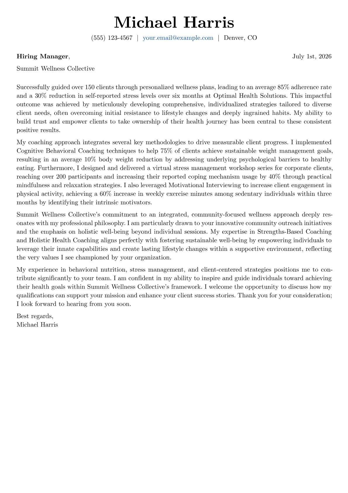 Wellness Coach cover letter formatted with a JobSprout template