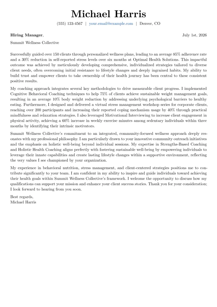 Wellness Coach cover letter example preview