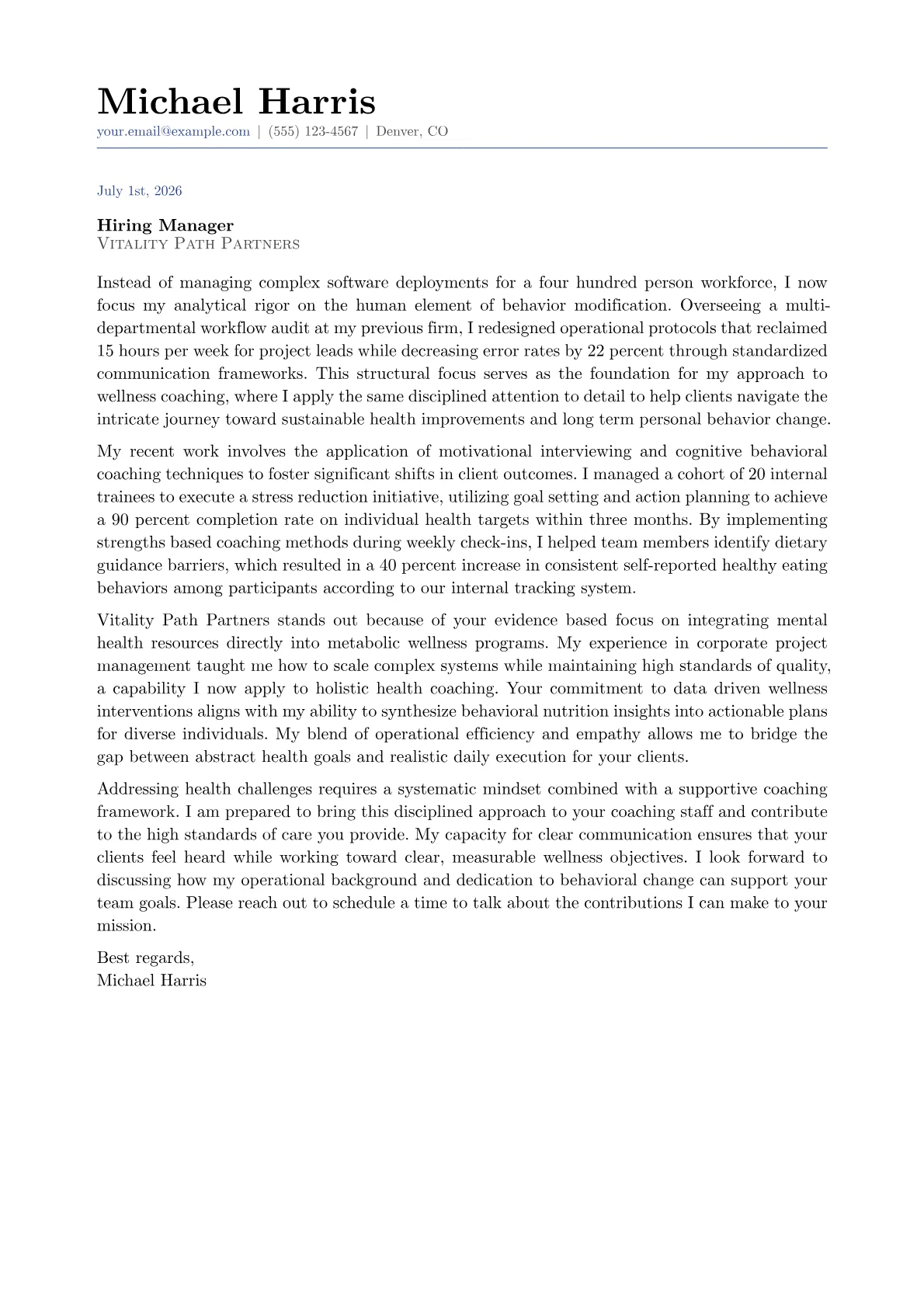 Wellness Coach cover letter in the Classic design