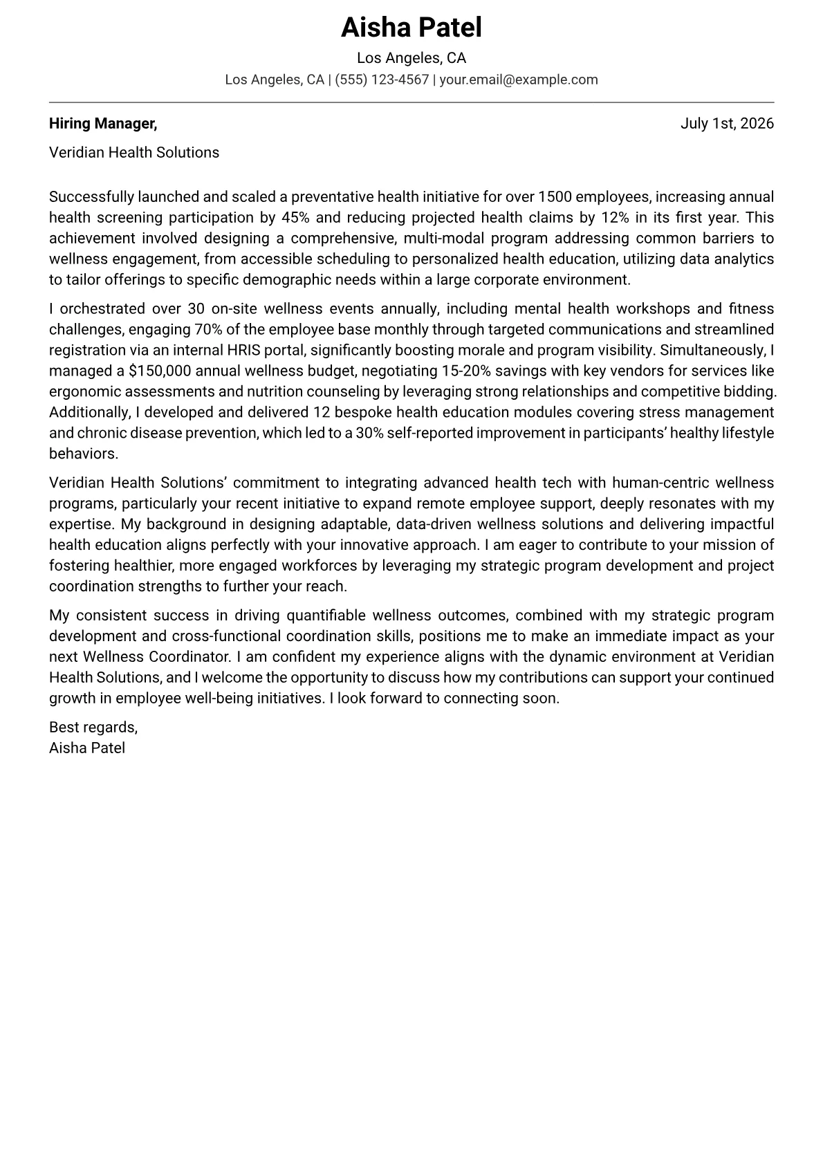 Wellness Coordinator cover letter formatted with a JobSprout template