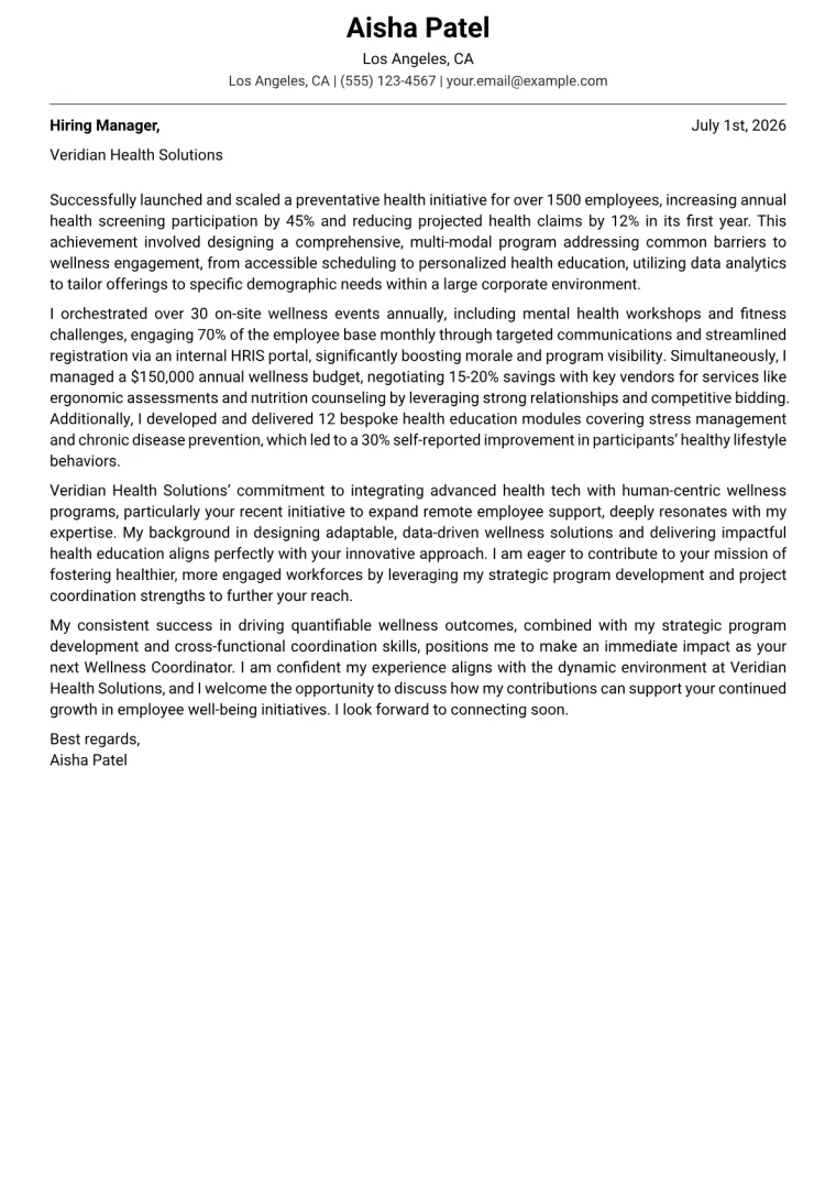 Wellness Coordinator cover letter example preview