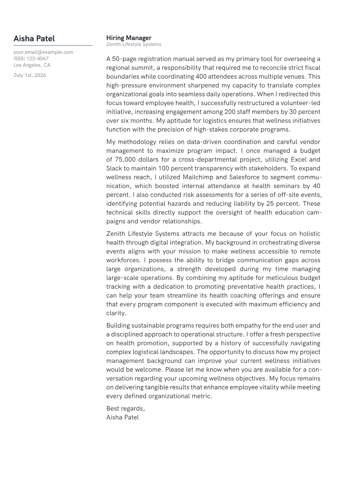 Wellness Coordinator cover letter in the Margin design