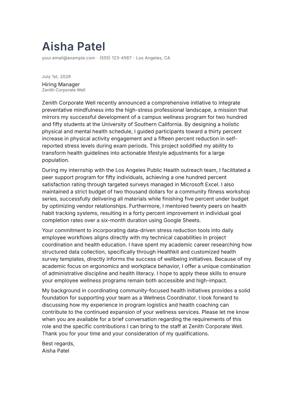 Wellness Coordinator cover letter in the Minimal design