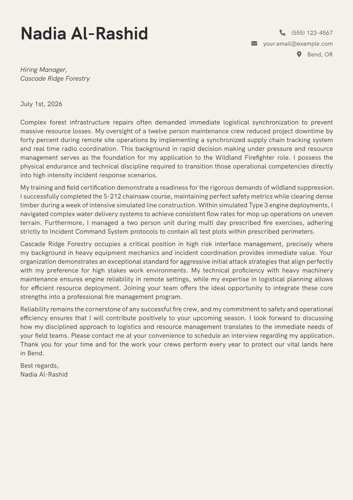 Wildland Firefighter cover letter in the Creative design