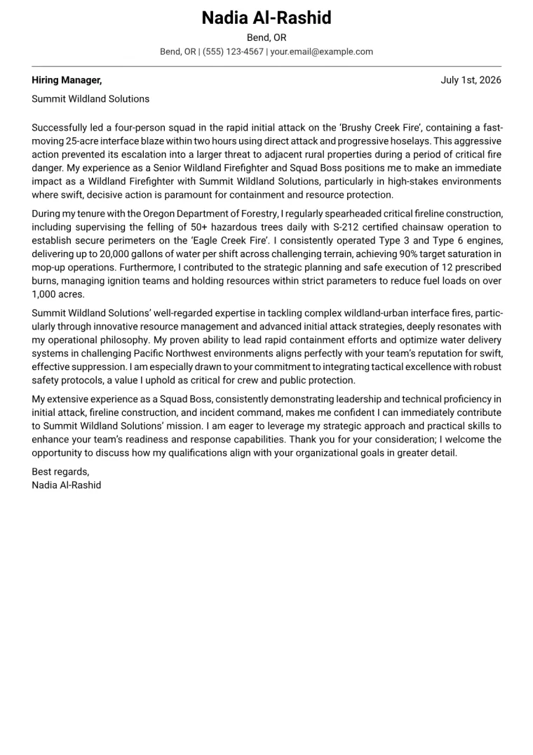 Wildland Firefighter cover letter example preview