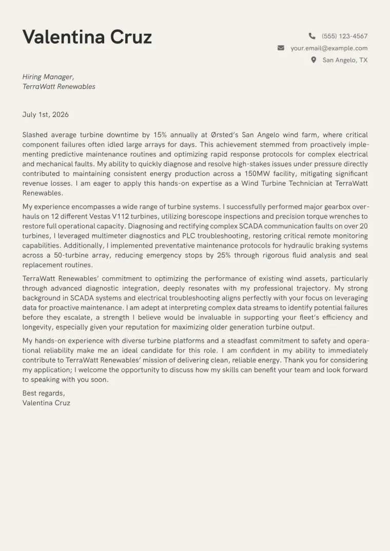 Wind Turbine Technician Cover Letter Example