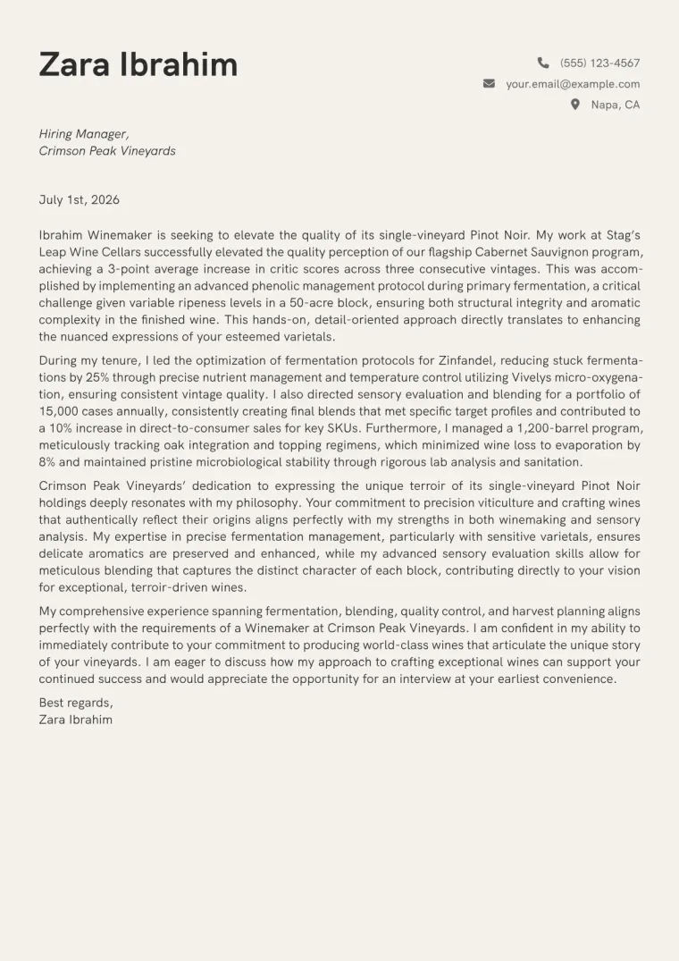 Winemaker cover letter example preview