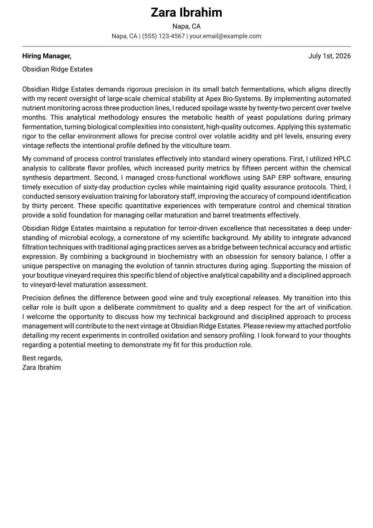 Winemaker cover letter in the Modern design