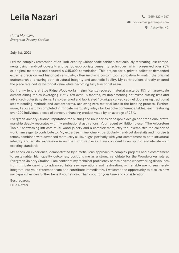 Woodworker Cover Letter Example + Template (2026)